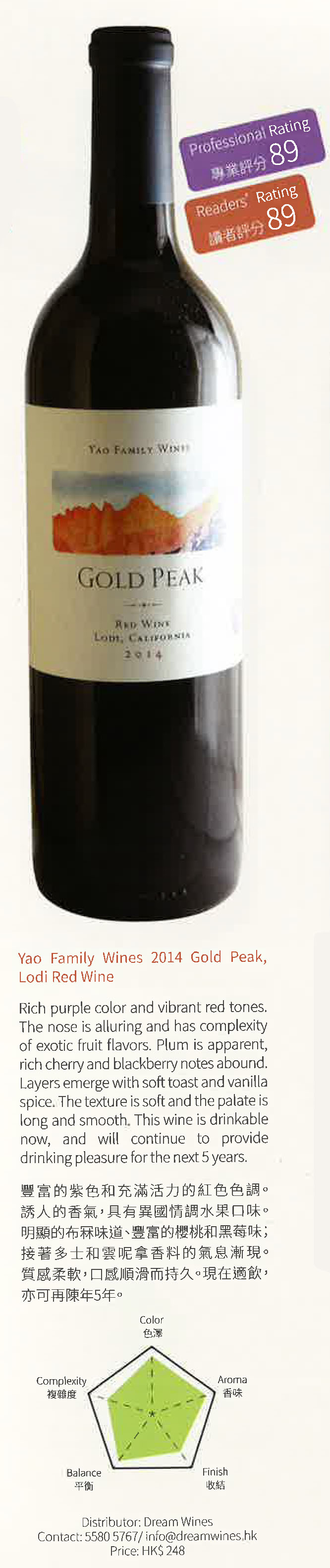 Yao Family Wines 2014 Gold Peak, Lodi Red Wine