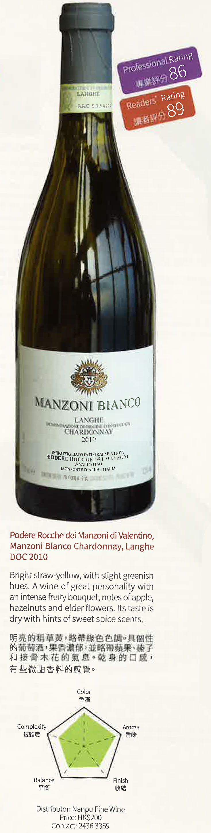 Podero Rocche dei Manzoni di Valentino, Manzoni Bianco Chardonnay, Langhe DOC 2010