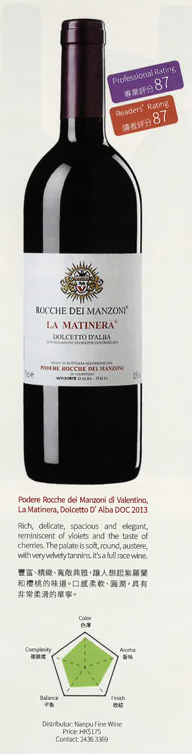 Podere Rocche dei Manzoni di Valentino, La Matinera, Dolcetto D’Alba DOC 2013