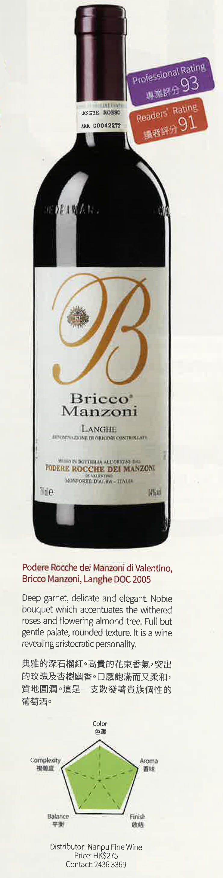 Podere Rocche dei Manzoni di Valentino, Bricco Manzoni, Langhe DOC 2005